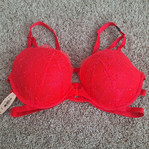 NWT Victoria's Secret 34D Sexy Push Up Bra Strappy Caged Back RED HOT PINK Angel